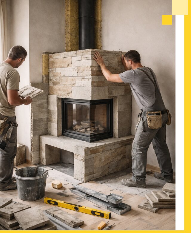 Угловые камины под ключ проект, монтаж и отделка в Нефтеюганске